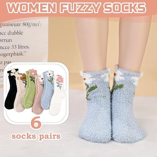 scenicamp 6 Pairs Floral Fuzzy Socks for Women Cute Cozy Plush Sleep Slipper Socks Warm Winter Sock for Christmas Birthday Gift thumbnail 6
