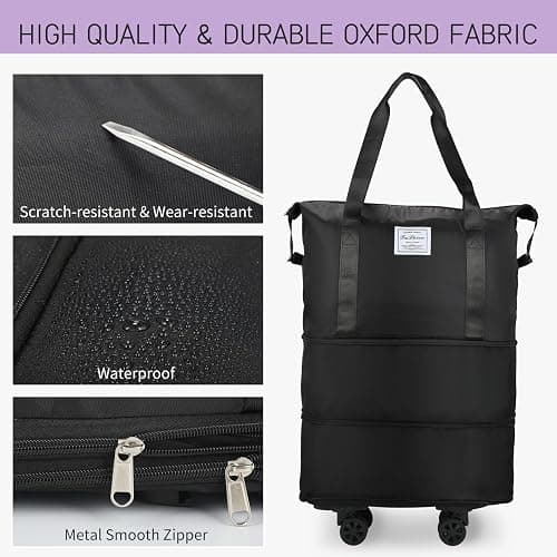 VOOWO Rolling Duffle Bag with Wheels, Expandable Foldable Duffle Bag for Travel, Rolling Under Seat Luggage Carry on Duffel Bags, Wheeled Travel Duffel Weekend Bags, Capacity 18L to 40L (Black) thumbnail 4