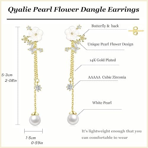 Dangle Pearl Drop Earrings Christmas Gifts For Women Trendy Long Threader Chain Dainty Flower Wedding Earrings For Brides CZ Cute 14K Gold Statement Sparkly Jewelry thumbnail 2