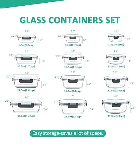KOMUEE 24 Pieces Glass Food Storage Containers Set,Meal Prep Containers-Stackable Airtight Glass Storage Containers with lids,Freezer, Microwave, Oven Safe,Gray thumbnail 3