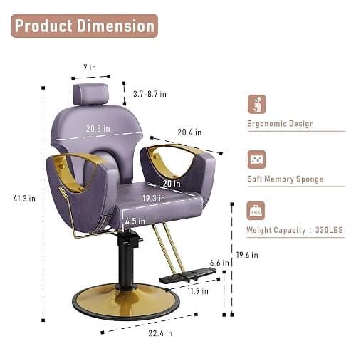 LOUVIXA Barber Chair, Salon Chair for Hair Stylist, Height Adjustable Hydraulic Hair Reclining Salon Chairs, 360 Degrees Rotation, Multi-Function Shampoo Chair for Barbershop (Purple) thumbnail 3