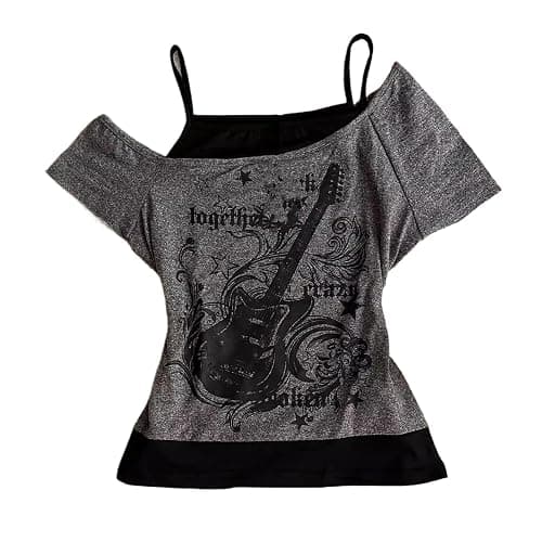 Women's Emo Grunge T Shirts - Vintage Y2K Fake 2 Piece Guitar Graphic Baby Tee Gothic Aesthetic Short Sleeve Off Shoulder Crop Top Alt Streetwear Punk Summer Harajuku - Image 1