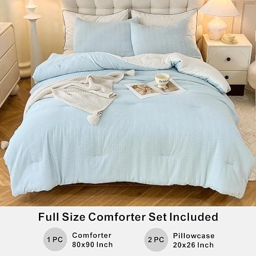 tohrisa Boho Comforter Set Full Size Striped Pleats Bohemian Seersucker Bedding Set All Season Soft Cozy 3 Pieces Quilt with 2 Pillowcases(80"X90" Light Blue) thumbnail 5