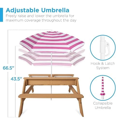 Best Choice Products Kids 3-in-1 Sand & Water Table, Wood Outdoor Convertible Picnic Table w/Umbrella, 2 Trays, Removable Top, 220lb Capacity Per Bench - Natural/Dark Pink - Natural/Dark Pink thumbnail 5