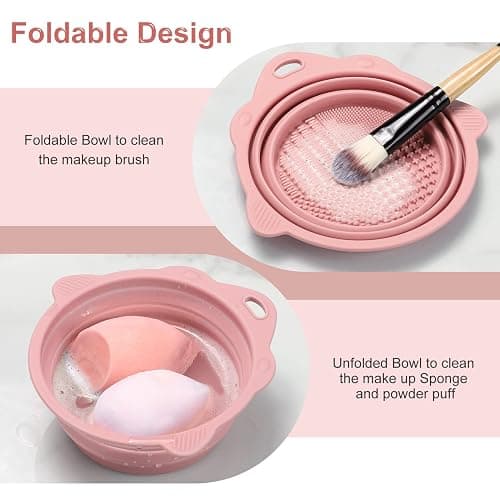 Foldable Silicone Makeup Brush Cleaner Bowl - Etercycle Portable Cleaning Tool for Brushes, Powder Puffs, and Sponges (Pink) thumbnail 2