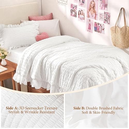 JOLLYVOGUE White Twin Size Comforter Set, 2 Pieces Seersucker Lightweight Fluffy Bedding Set, Twin Ruffle Comforter, All Season Soft Microfiber Shabby Chic Bed Set thumbnail 5