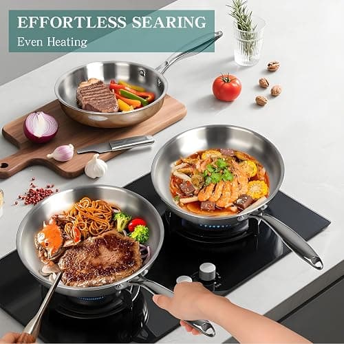 EWFEN Pots and Pans Set, 3 Ply 11 Piece Stainless Steel Cookware Set, Oven Dishwasher Safe | Induction Compatible Frying Pans, Saucepans, Saute Pan & Stock Pot, PFOA Free Kitchen Skillet thumbnail 3