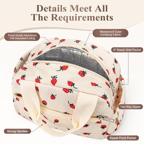 KUBYA Lunch Box for Women, Cute Strawberry Corduroy Insulated Lunch Bag Women Reusable Work Leakproof Simple Adults Large Lunch Boxes Tote Bag Men Cooler Bag thumbnail 4
