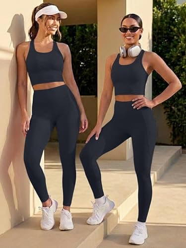 2 Piece Workout Sets for Women Racerback Tank High Waisted Pocket Leggings No Front Seam Tummy Control Butt Lifting thumbnail 8