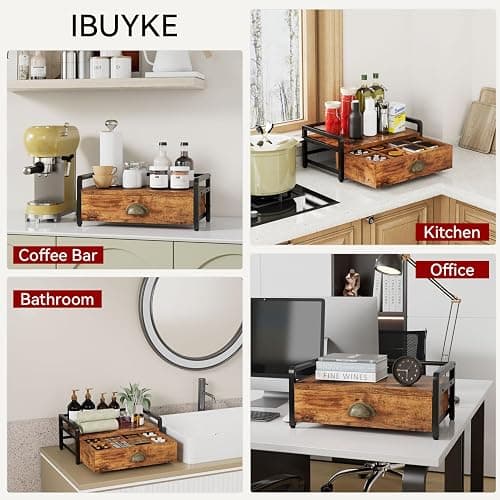 IBUYKE Tea Bag Organizer,Tea Box with Drawer,Brown TCJ004H | Wood Tea Bag Holder for Countertop 2 Tier Tea Station Organizer with Metal Frame for Kitchen Cabinet Coffee Station Office thumbnail 8