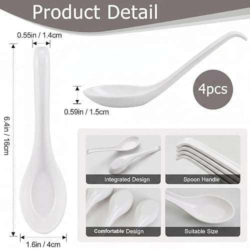 4PCS Asian Soup Spoons, Chinese Japanese Miso Ramen Wonton Dumpling Pho Rice Noodle Soba Soup Spoons, White Melamine Spoons thumbnail 3