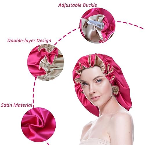 Beutyme Silk Bonnet for Sleeping Satin Bonnets Double Layer Reversible Hair Cap Bonnet for Women Long Curly Braid Hair (Hot Pink) thumbnail 3