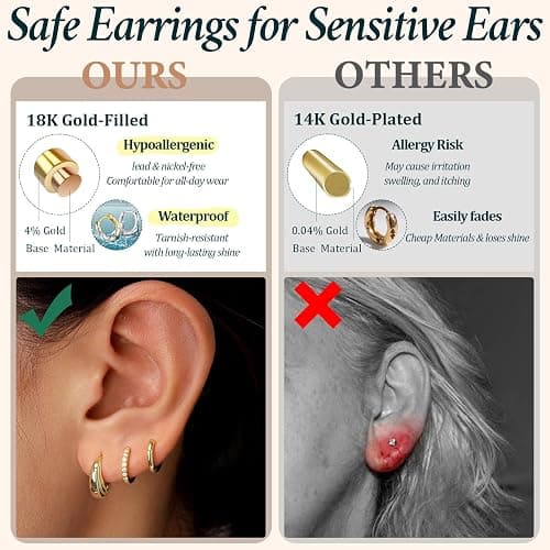 Poxtex Small Sterling Silver Huggie Hoop Earrings Set for Women, Hypoallergenic 14K Gold Plated Hoops Stacks for Multiple Piercings, Dainty Cute Mini Lightweight Cartilage Studs Trendy Jewelry Gift thumbnail 4