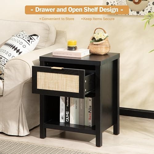 SICOTAS Rattan Night Stands Set of 2, Farmhouse Nightstand Bedside Table with Drawer and Storage Shelf, Boho End Side Table for Bedroom, Small Space, Black Oak thumbnail 4