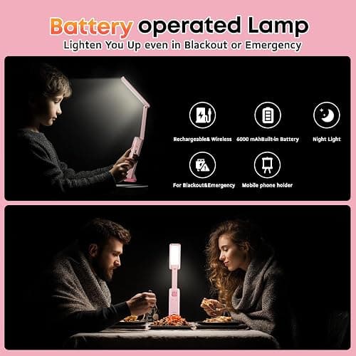 VAVOFO Cute Desk Lamp, Foldable & Portable LED Lamp with 6000mAh Rechargeable Battery, 3 Color Modes, USB-C Cordless Study Lamp for Bedroom, Office, Kids Room (Pink) thumbnail 9