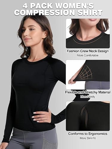 CL convallaria 4 Pack Women's Compression Shirt Cool Dry Long Short Sleeve Workout Athletic Tops for Yoga Gym Running thumbnail 2