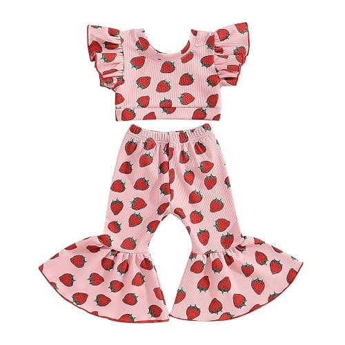 Honganda Fashion 2Pcs Toddler Baby Girl Strawberry Outfit Set Ruffle Short Sleeve Crop Top Flared Pants Summer Knit Clothes - Image 1