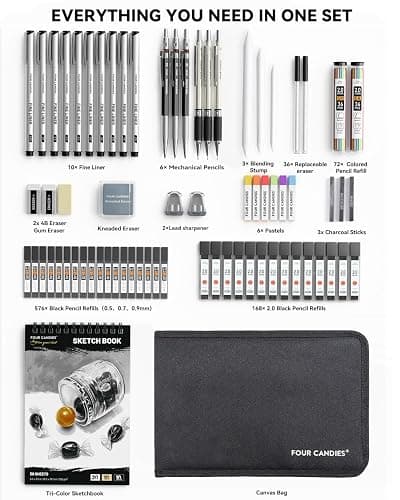 Four Candies 73PCS Advanced Art Supplies Drawing Kit with Fineliner Pens, Mechanical Pencils, 3-Color Sketchbook, Charcoal Sticks,Pastels for Sketching Drawing Comics Gifts for Professionals Artists thumbnail 9