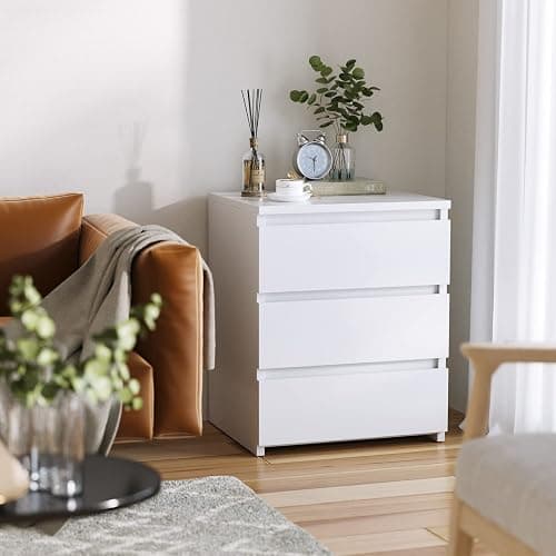 FOTOSOK White Nightstand with 3 Drawers, White Bedside Table Night Stand for Bedroom with Cut-Out Handle, Sofa Side Table 3 Drawer Nightstand for Bedroom, 17.7W*15D*21.7H thumbnail 7