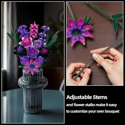 Purple Rose Bouquet Building Set - Compatible with Lego Flowers for Adults Women - Gothic Home Office Table Centerpiece Decor, Halloween Christmas Valentine's Gift thumbnail 6