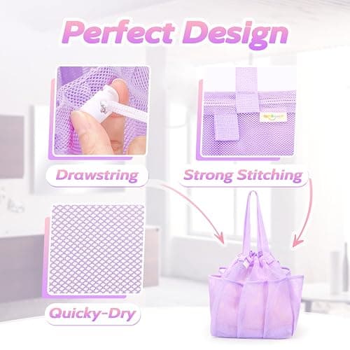 famichan Mesh Shower Caddy Portable with Drawstring, Dorm Room Essentials for College Students Girl & Boy, Larger Shower Bag for Camping,Swimming,Gym,Travel,Bathroom - Purple thumbnail 4