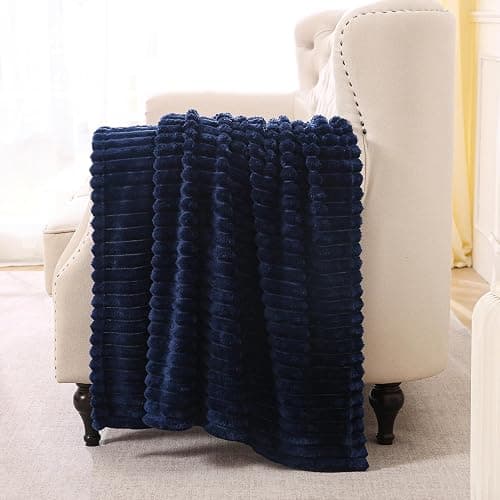 Linecooo Navy Blue Fleece Throw Blanket 50”×60” for Couch Sofa Bed,Super Soft Cozy Plush Microfiber Flannel Blanket with Stripes Design Lightweight for Adults,Woman,Girls thumbnail 2