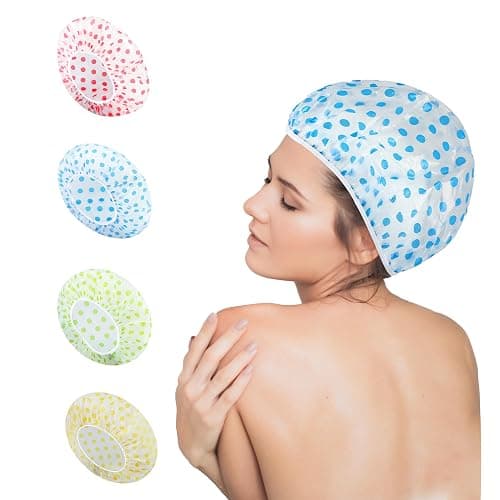 Nimxy Pack of 4 Shower Cap, Reusable Shower Caps For Women & Men - Waterproof with Elastic Band & Soft Lining (Dotted) thumbnail 4