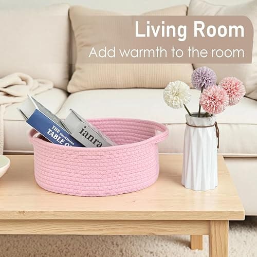 JMvicyroam Woven Basket,Small Rope Storage Bin with Handles & Ribbon Bag, Organizer for Shelves Closets,Gift Basket Empty for Birthday,Books,Dog Toys, Pink thumbnail 7