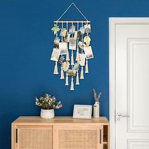 Mkono Hanging Photo Display Boho Macrame Wall Decor with Light, Teen Girl Teenage Gifts, Pictures Cards Frame Holder Art Hanger for Christmas Birthday Party Bedroom Dorm, with 30 Wood Clips, Ivory thumbnail 9