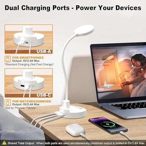 60 LED Desk Lamp with USB Charging Ports – Dimmable Table Lamp with 3 Color Temps, 5 Brightness, 4 Timers, 15W Flexible Gooseneck Light with Base, Eye-Caring Reading Light for Home Office, Bedroom thumbnail 4