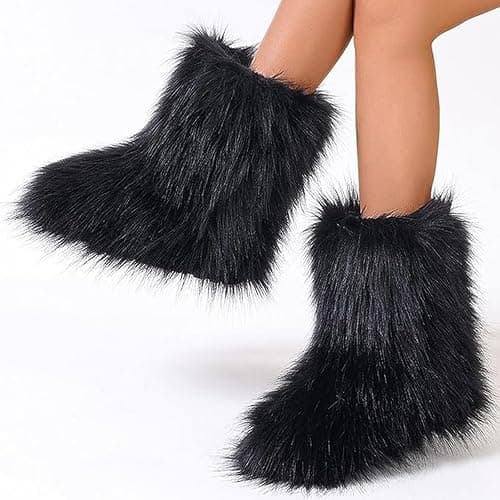 NWSTESLE Women's Faux Fur Boots Furry Boots y2k for Girls Fuzzy Fluffy Winter Snow Boots Warm Outdoor Indoor Mid-Calf Flat thumbnail 5