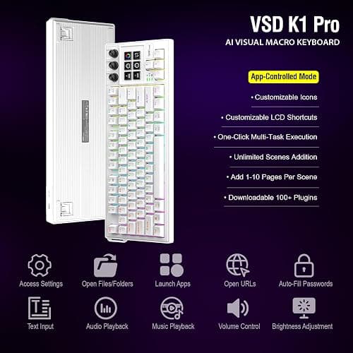 VSDINSIDE K1 Pro Macro Keyboard, Wired Only Full-Key Programmable On-Board Keypad, Custom Gaming Streaming Mechanical Keyboards with Screen & Knob, Gasket, RGB Backlit, Hot Swappable Shortcut Pad thumbnail 5