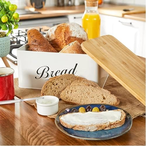RoyalHouse Modern Metal Bread Box with Bamboo Cutting Board Lid, Bread Storage Container for Kitchen Counter, Vintage Kitchen Decor Organizer thumbnail 2