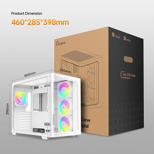 Iota C70 WH Curve ARGB Boitier PC Gaming ATX,Vue Panoramique Incurvée 270° | Real-Time Temp Display,4 Ventilateurs PC PWM Préinstallés,High Airflow Ventilation,Double Chambre,ATX/MATX/ITX thumbnail 9