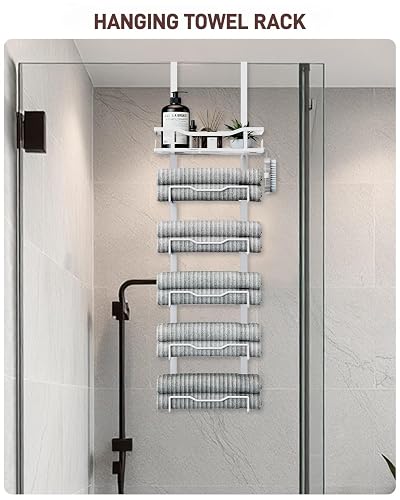 Aetyord Hanging Towel Racks for Bathroom No Drill - Over The Door 6-Tier Bath Towel Storage Organizer for Small Bathrooms - Back Door Large Tiered Towel Holder Hanger for Rolled Towels RV Camper White | 6-Tier Over The Door Bath Towel Storage Organizer with Metal Shelf Basket for Small Bathrooms RV Camper White thumbnail 6