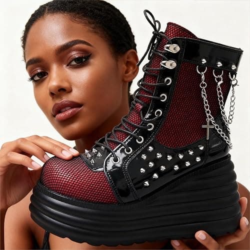 SONALOONG Goth Chunky Ankle Boots for Women - Bat Buckle DIY Platform,Zip Round Toe Lace Up Combat Bootie, Wedge Rave Boots Black Punk Shoes - Light Weight & Waterproof thumbnail 5