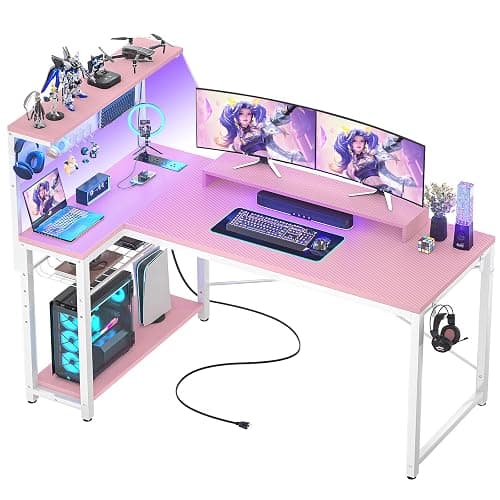 Homieasy Small Gaming Desk with Power Outlets Pegboard LED Light, 51 Inch L Shaped Computer Desk with Monitor Stand Storage Shelves, Reversible Corner Desk with Headset Hooks, Carbon Pink - Carbon Fiber Pink - 51 inch - Image 1