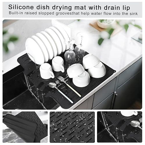 Silicone Drying Mat for Kitchen Counter，23"×18"drain mats for kitchen counter，dish drying rack ，dish drying mat large (black） thumbnail 3