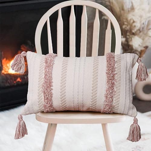 MeMoreCool Boho Tufted Lumbar Pillow Cover 12×20 with Tassels, Neutral Farmhouse Decorative Throw Pillow Case for Couch & Bed, 100% Cotton Woven, Hidden Zipper, Pink (Cover Only) thumbnail 3