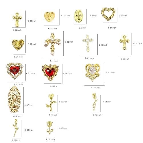 64pcs Gold Nail Charms Set with Gold Cross, Hearts, Rose, and Virgin Mary - Y2K 3D Chrome Nail Decorations thumbnail 2