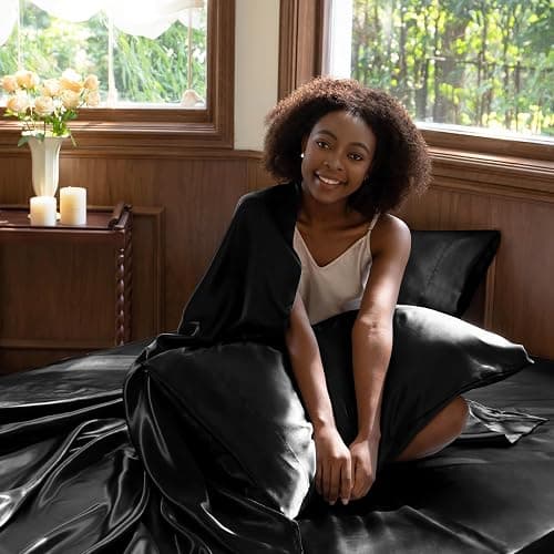 CozyLux Satin Sheets Full Size Sheets - 4 Piece Silky Full Size Bed Sheets, Luxury Black Full Bed Set with Smooth and Soft Microfiber, Includes 1 Fitted Sheet, 1 Flat Sheet and 2 Pillowcases thumbnail 5