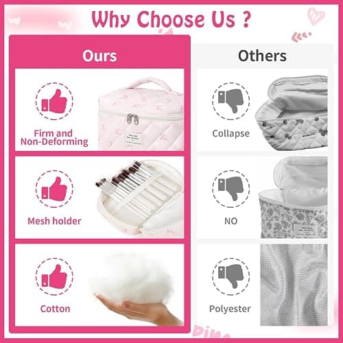 Quilted Makeup Bag, Large Capacity Travel Cosmetic Bag for Women and Girls, Aesthetic Storage for Daily and Travel Use (3PCS-Pink SlimBow) thumbnail 7