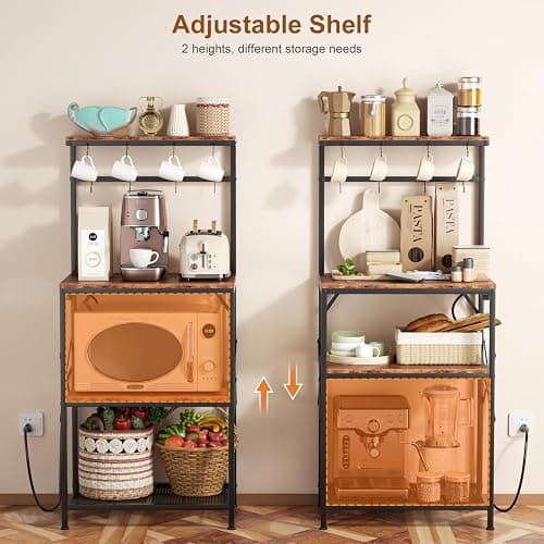 Korfile Kitchen Bakers Rack with Power Outlet, Small Coffee Bar Cart 4 Tiers, Microwave Stand Station with 8 S Hooks, Adjustable Shelf, Freestanding Kitchen Appliance Organizer, Rustic Brown thumbnail 3