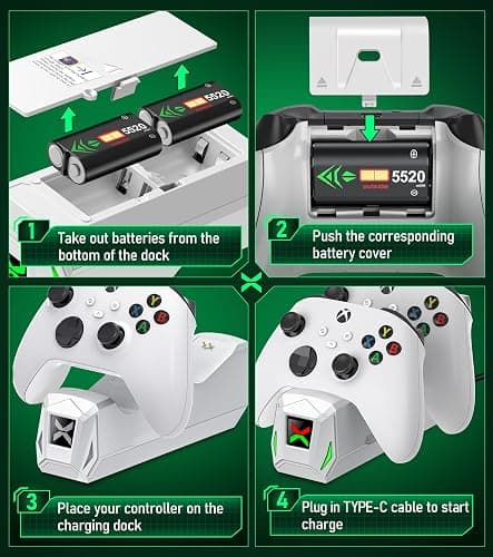 Controller Charger Station with 2x5520mWh Rechargeable Battery Packs for Xbox One/Series X|S,Dual Charging Dock for Xbox One Controller with 4 Battery Covers thumbnail 6