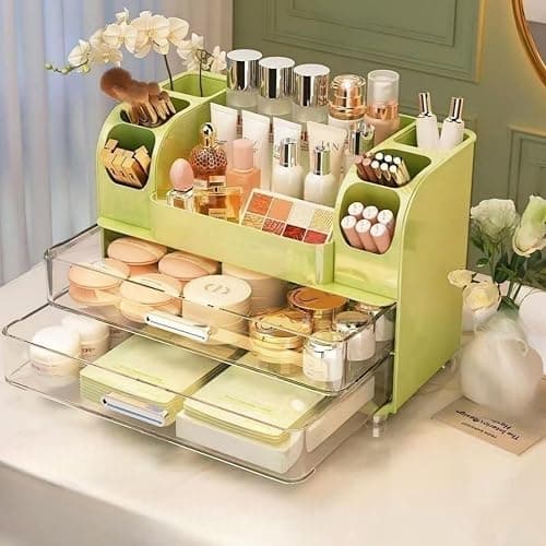 Makeup Organizer with Drawers for Vanity,Bathroom Countertop Organizer with Brushes Holder,Skincare Storage Organizer,Perfect Cosmetic Display Case for Skincare,Lipstick and Beauty Essential (Green) thumbnail 3