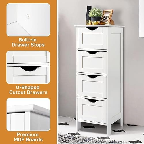 Bonnlo Bathroom Storage Cabinet Skinny Wooden Side Bathroom with 4 Drawers Small Free Standing Floor Cabinet White Slim 12 Inch Wide Organizer for Bedroom Living Room, 12 Inch Deep Narrow Organizer thumbnail 7
