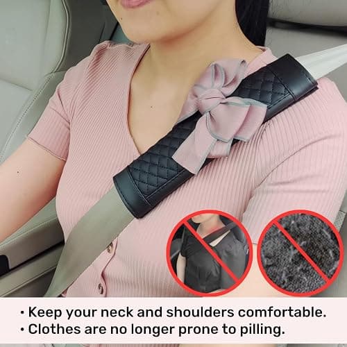 Zigihos Cute Bow Leather Car Seat Belt Cover Pads,2 Pcs & 4 Pcs Seat Belt Cover for Shoulder, Seatbelt Cushion, Car Seat Strap Pads, Seatbelt Covers for Women (Black,2) thumbnail 5