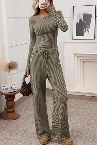 CHYRII Womens Two Piece Sets Fall Fashion Striped Long Sleeve Tops Wide Leg Palazzo Pants Outfits Loung Sets thumbnail 3