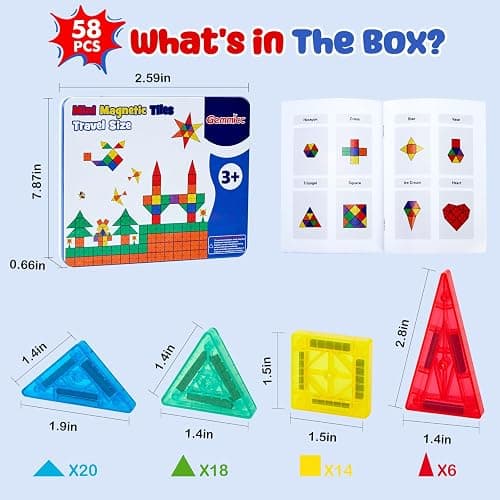 Gemmicc 58 PCS Mini Magnetic Tiles, Travel Magnet Construction Toys with Metal Storage Box, Sensory Montessori Toys for Boys Girls thumbnail 3