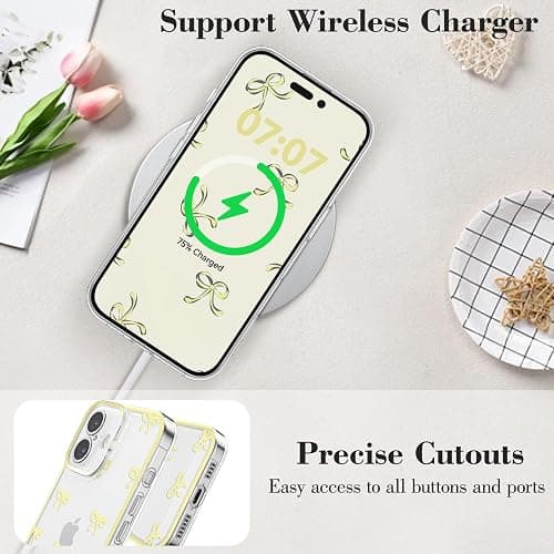 EYZUTAK Case for iPhone 16, Clear Cute Ribbon Bowknot Aesthetic Phone Case with Charm Bracelet Chain Raised Camera Protection Stylish Soft Durable TPU Protective Cover for Women Girls - Yellow thumbnail 6